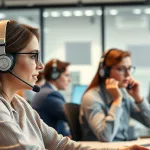 KI im Call Center. photorealisitisch mit viel Effizienz. Menschen die Telefonieren, Kundenprobleme lösen